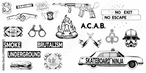 Collection of anarchistic and rebellious black and white sketch imagery
