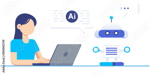 Woman interacting with an ai robot using a laptop computer