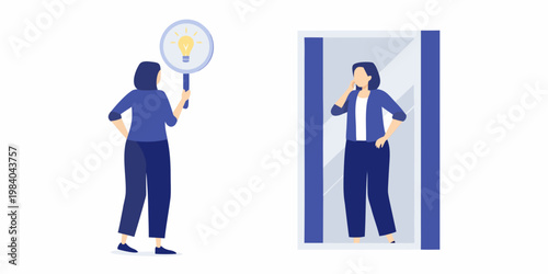 A woman examines her reflection holding a mirror with a lightbulb