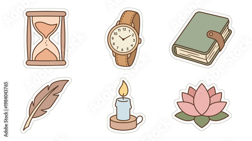 A collection of six hand-drawn vintage and symbolic items including an hourglass, wristwatch, book, feather, candle, and lotus flower, in a sticker style.