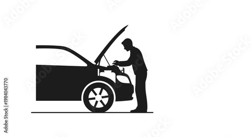 Auto Mechanic Silhouette Icon with Open Car Hood