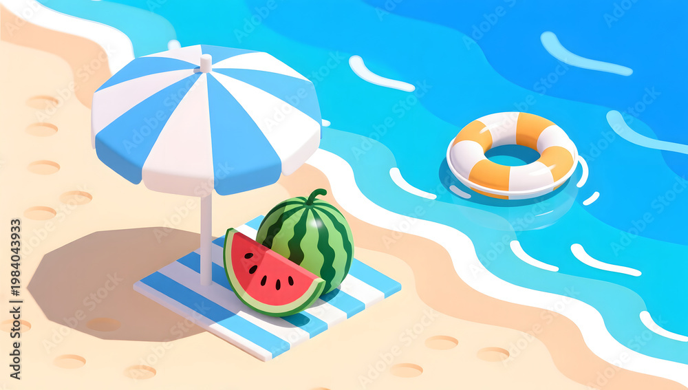 Fototapeta premium Summer beach scene with watermelon and parasols