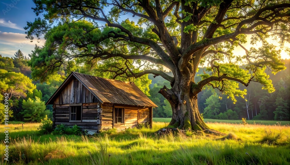 Fototapeta premium A serene old wooden cabin under a large tree in a green field