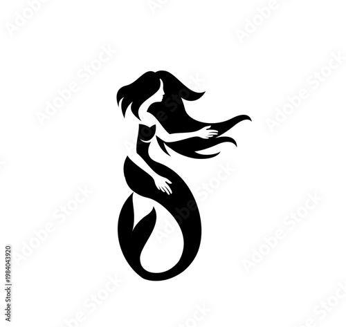 Elegant Black and White Mermaid Silhouette Vector Illustration
