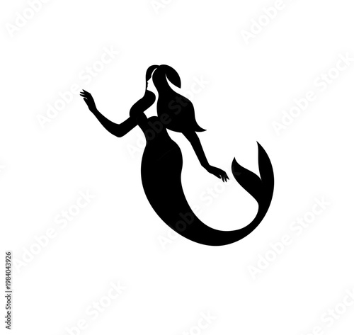 Black Mermaid Silhouette Vector Illustration with Elegant Long Hair and Fish Tail