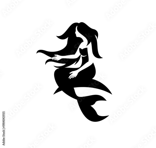 Elegant Mermaid Silhouette Vector with Flowing Hair and Dolphin Tail