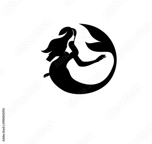 Black Silhouette of an Elegant Mermaid in a Circular Design with Flowing Hair and Tail