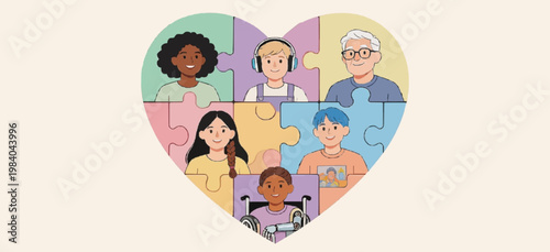 Vector illustration of colorful puzzle pieces forming a heart, diverse people, autism awareness theme, soft colors, inclusive design, modern flat style