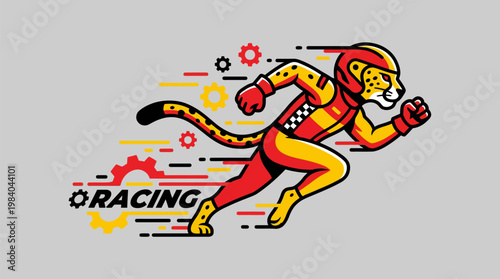 A dynamic illustration of a cheetah racer in a red and yellow suit, running at high speed with gears and speed lines in the background, emphasizing racing and speed.