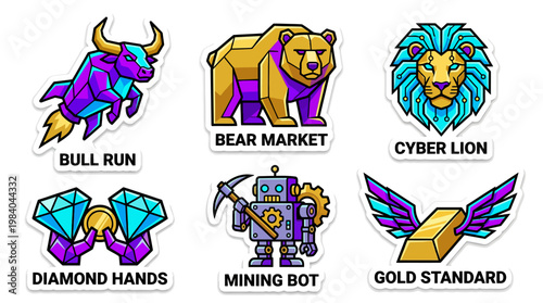 A collection of six vibrant, geometric cartoon illustrations representing financial and technological concepts like bull run, bear market, cyber lion, diamond hands, mining bot, and gold standard.