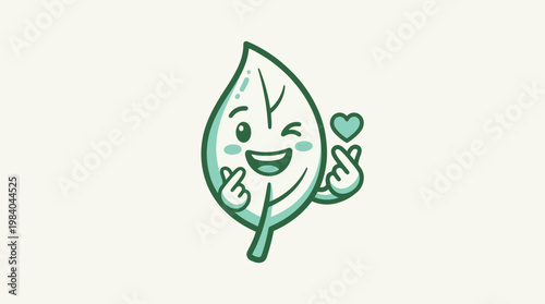 Cute cartoon leaf character winking and making a finger heart gesture, symbolizing love for nature and eco-friendliness.