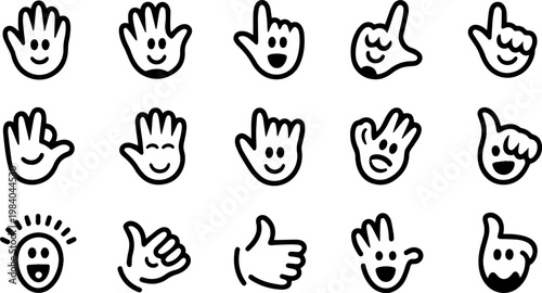Hand and smile outline icon set. Fine motor skills, preschool learning and daycare education line pictograms. Child development and occupational therapy vector icon set