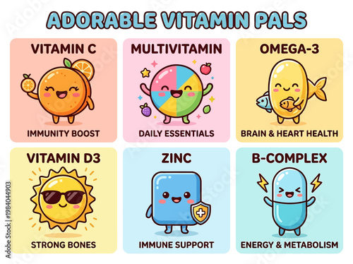 Adorable vitamin pals infographic featuring charming nutrient characters highlighting essential health benefits and daily wellness.