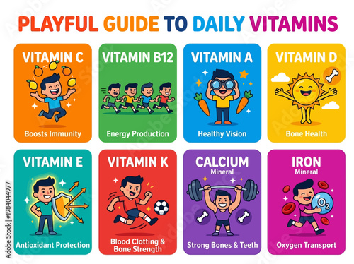 Playful infographic guide to essential daily vitamins and minerals, highlighting key health benefits with colorful cartoon visuals.