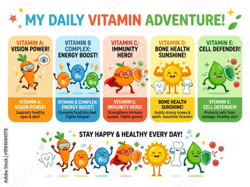 Embark on a daily vitamin adventure: a cheerful infographic explaining essential nutrients and their vital health benefits for wellness.