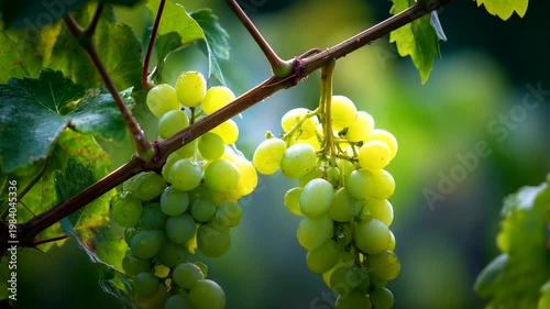 Fresh green grapes hanging on vine in sunlight