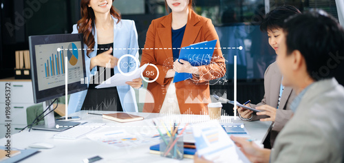 Business team using AI and data analytics for strategy, digital transformation and growth, modern workplace collaboration