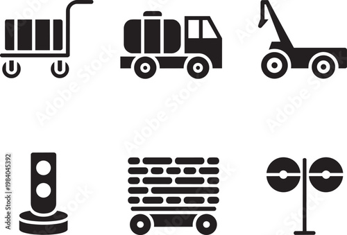 Tow truck icon set with signal light, mining cart, and industrial in outline style