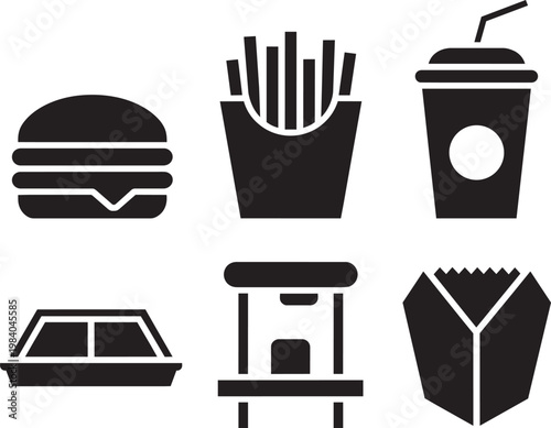 Burger, fries, drink, takeaway box and food stall icons, flat design in outline style