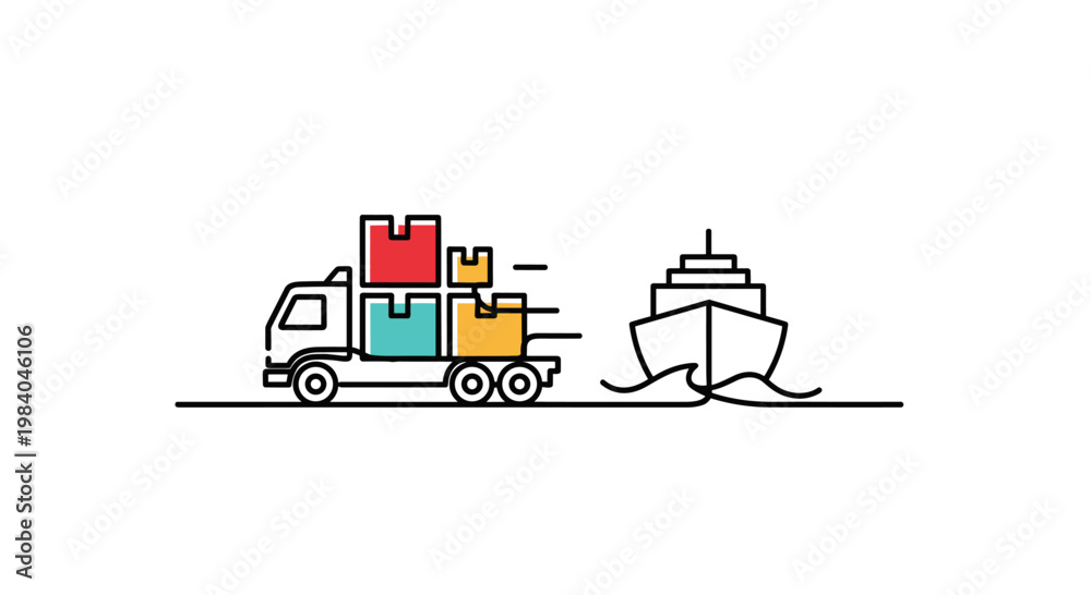 Naklejka premium Global Logistics Truck Delivering Goods to Ship