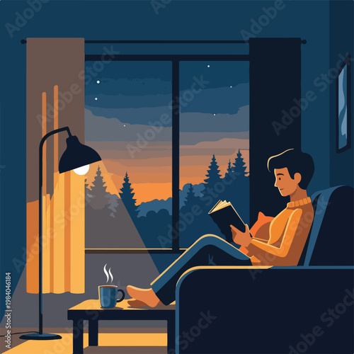Man sitting on sofa reading book.
