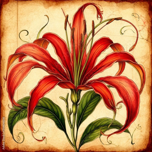Vintage botanical illustration of Gloriosa flame lily flower