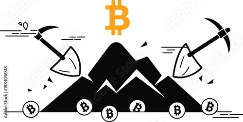 Cryptocurrency mining concept with bitcoin symbol and pickaxe flat vector illustration for finance and blockchain use