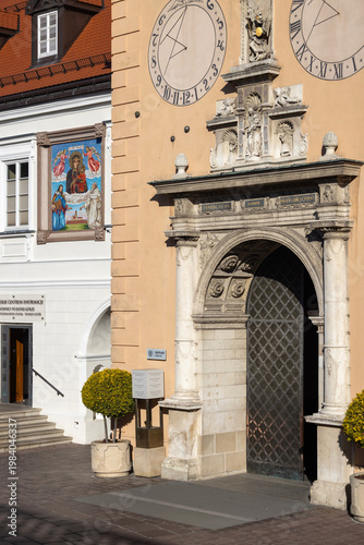 Facade of Jasna Gora Basilica with two sundials, Czestochowa, Poland