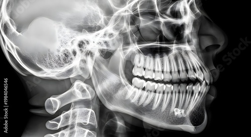High contrast side profile X-ray of a human head. Medical imaging and craniofacial structure. Lateral radiograph showing skull vault jaw and spine details