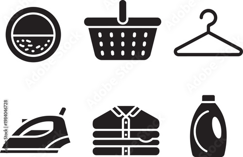 Laundry and Cleaning Icons: Basket, Hanger, Iron, Clothes, Detergent, and Soap