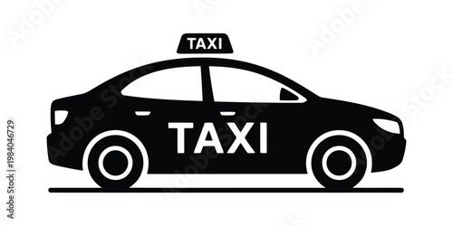 Taxi Car Silhouette Vector, City Cab Black Icon, Urban Transportation Vehicle Design on White Background