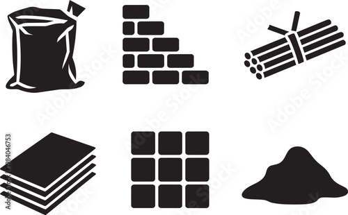 Minimalist construction material icons featuring bag, bricks, wood, sheets, tiles, and sand