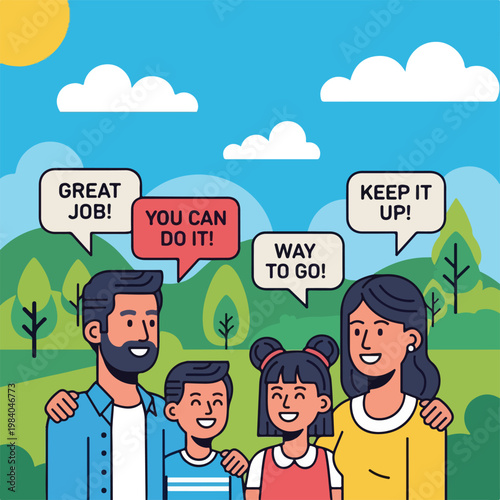 Smiling family with encouraging speech bubbles.