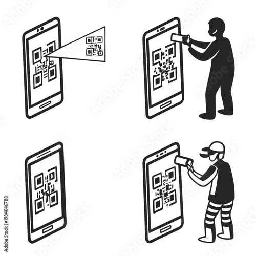 A vector graphic illustration of people scanning QR codes with smartphones in a modern design style
