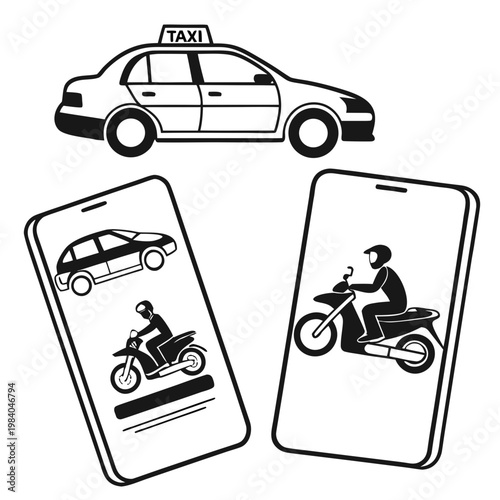 A vector graphic illustration of a taxi and ride sharing services on mobile phones