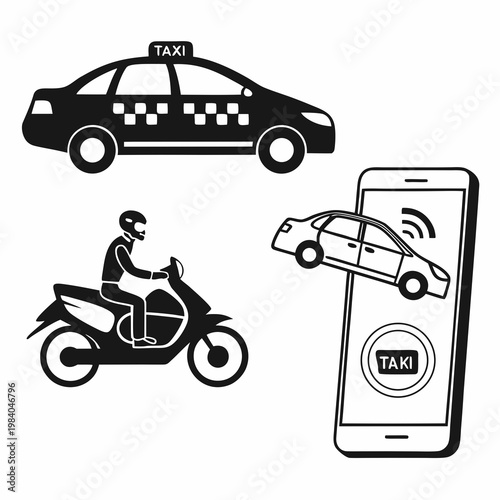 A vector graphic illustration of various transportation modes including a taxi, motorcycle, and smartphone with a taxi app