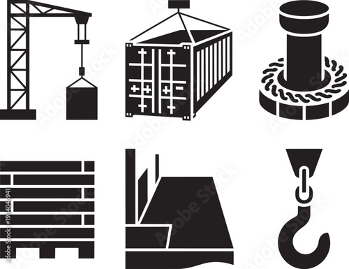 Shipping and logistics icons: crane, container, bollard, cargo, dock, hook