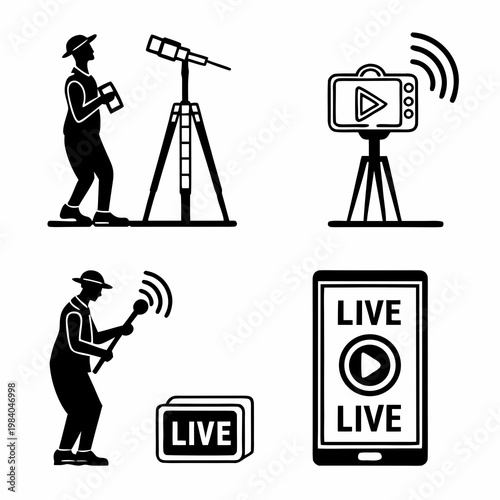 A vector graphic illustration of a person live streaming with various devices and equipment