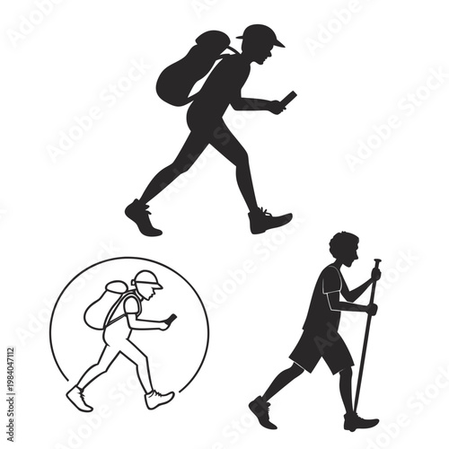 A set of vector graphics depicting people hiking and walking with backpacks and trekking poles in a minimalist style