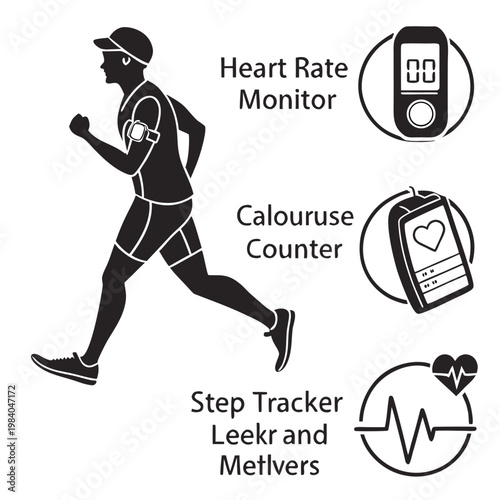 A vector graphic illustration of a runner with fitness tracking icons, including a heart rate monitor, calorie counter, and step tracker.