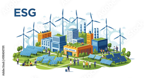 ESG concept: sustainable city with solar panels, wind turbines, green buildings, and people