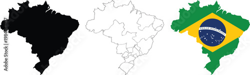 Brazil map with flag and silhouettes set