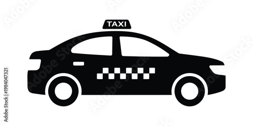 Taxi Car Silhouette Vector, City Cab Black Icon, Urban Transportation Vehicle Design on White Background