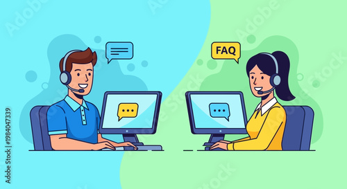 Customer Service Agents with Headsets Chatting Online, FAQ Support Concept