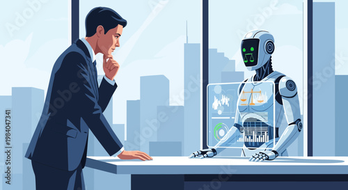 Businessman and robot discussing data on futuristic interface in office