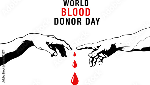 World Blood Donor Day Vector Illustration Featuring Michelangelo Style Hands Reaching Out With Red Blood Drops Background
