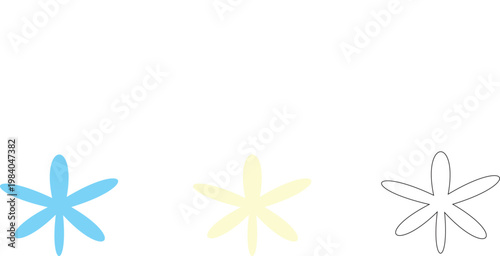 Set of abstract star and floral design elements in light blue, soft yellow, and outline styles for creative graphic projects