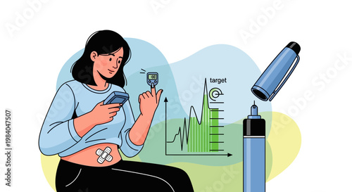 Woman monitoring blood sugar with glucose meter and insulin pen, diabetes management concept