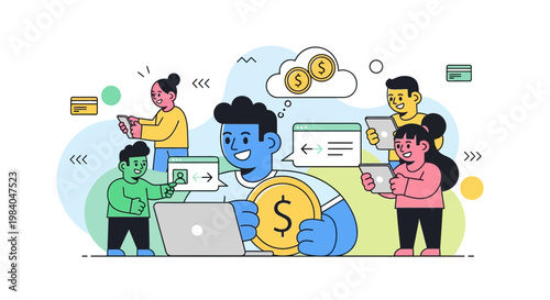 Diverse group of people collaborating online with laptops and tablets, earning money virtually