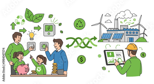 Family saving energy and money, green energy factory with solar panels and wind turbines